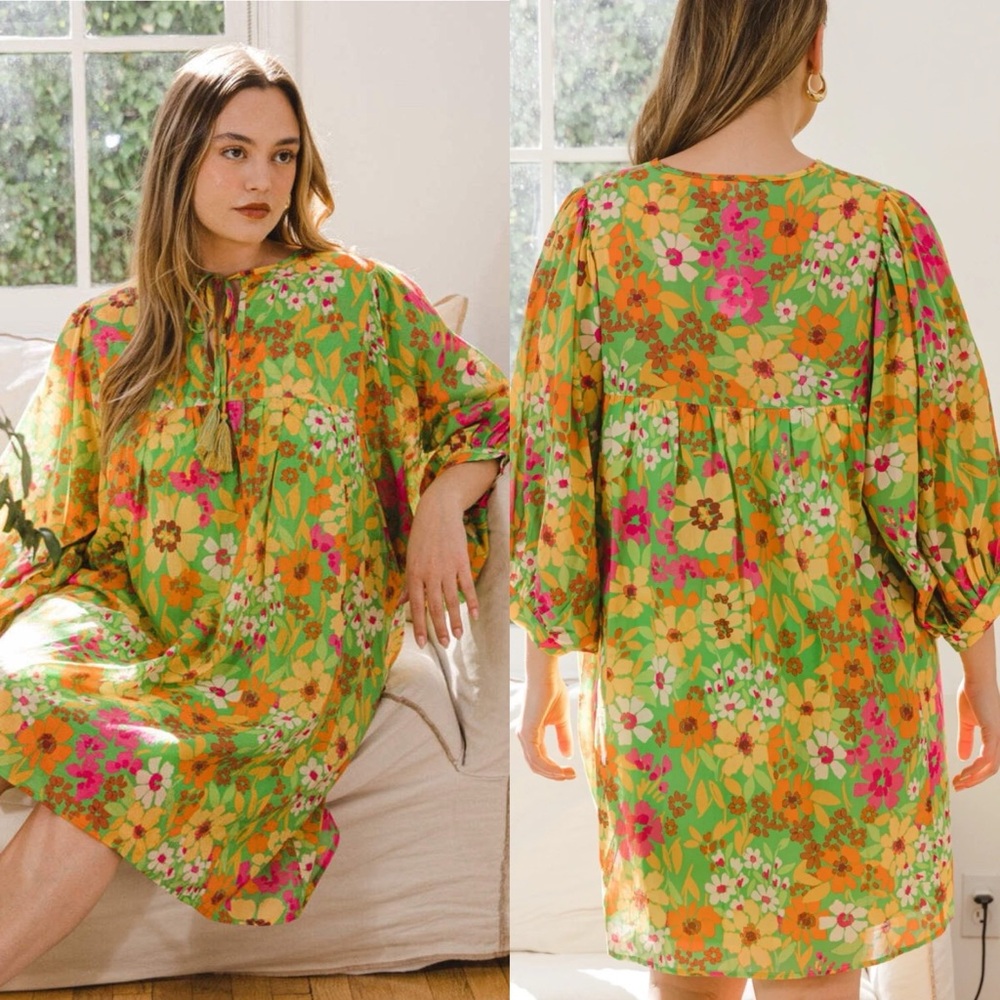 ODDY Babydoll Dress Women’s Small Green Floral Boho Puff Sleeve Tassel Oversized - Picture 9 of 16
